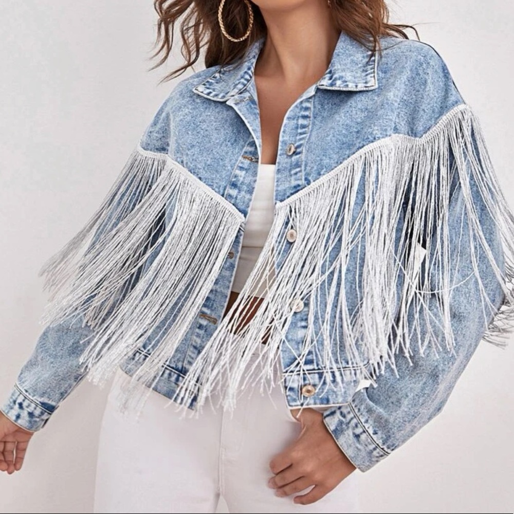 SHEIN NWOT Drop Shoulder Fringe Trim Denim Jacket